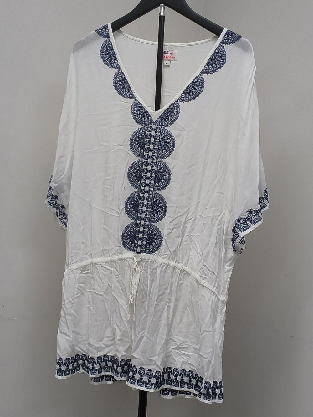 Women’s White & Blue Embroidered Beach Kaftan Tunic Belted Greek Isles Inspired